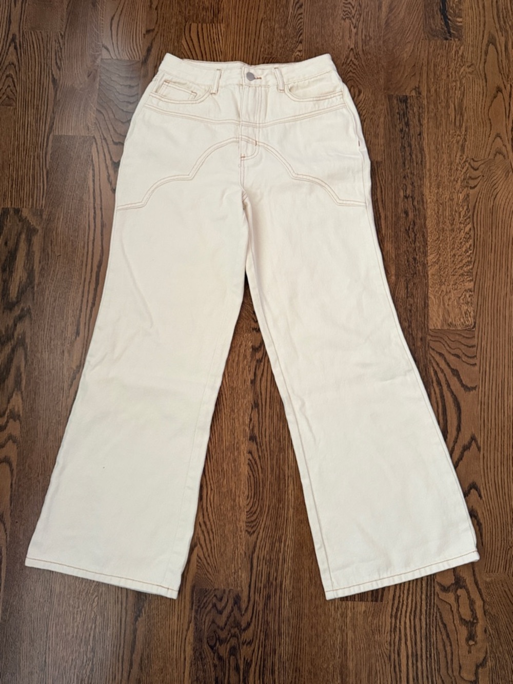 Le Lis Cream with brown stitching Wide-Leg Jeans medium